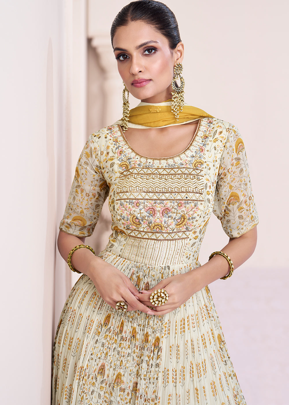 Parchment White Georgette Anarkali Gown with Intricate Embroidery work By Qivii