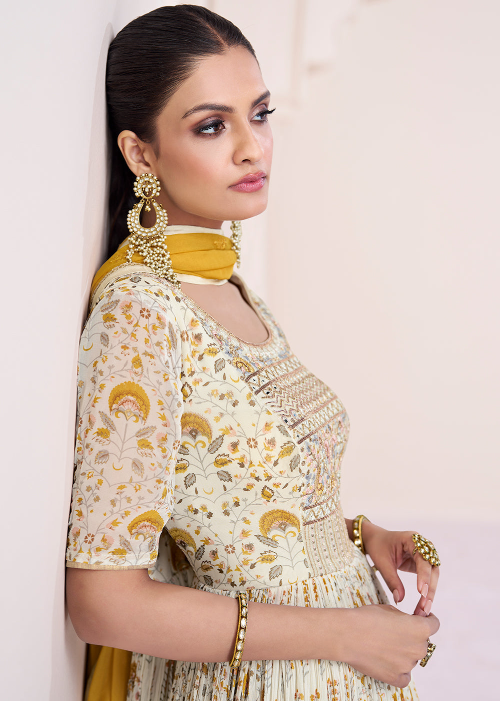 Parchment White Georgette Anarkali Gown with Intricate Embroidery work By Qivii