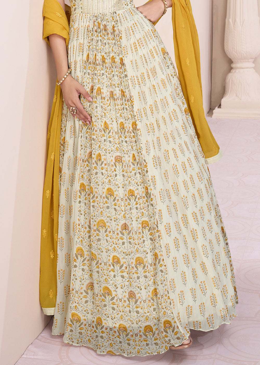 Parchment White Georgette Anarkali Gown with Intricate Embroidery work By Qivii