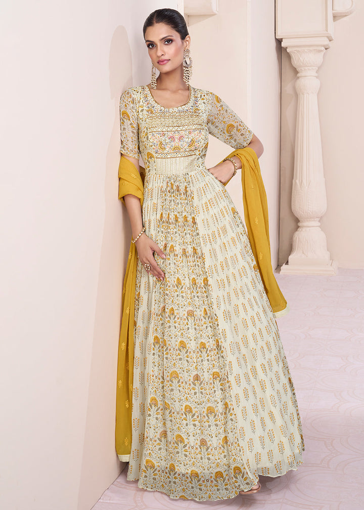 Parchment White Georgette Anarkali Gown with Intricate Embroidery work By Qivii