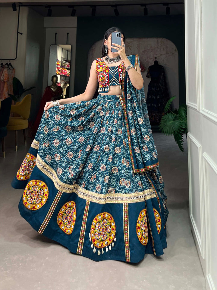 Blue Color Pure Rayon With Printed And Foil Work Navratri  Special Lehenga Choli Set