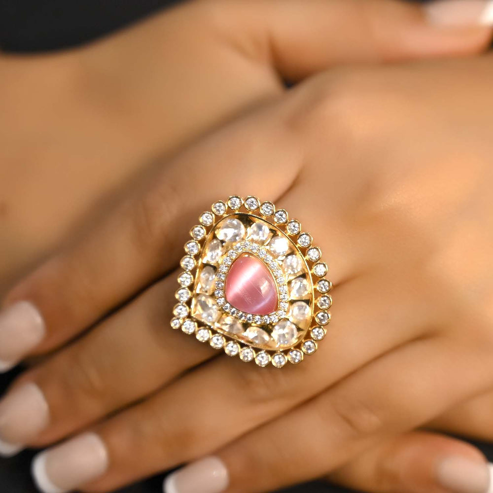 Close-up shot of Gopika Baby Pink Gold Plated Kundan Ring with intricate Kundan detailing and delicate pink hue