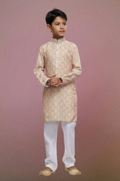Boy's Beige Cotton Thread Work Kurta Set