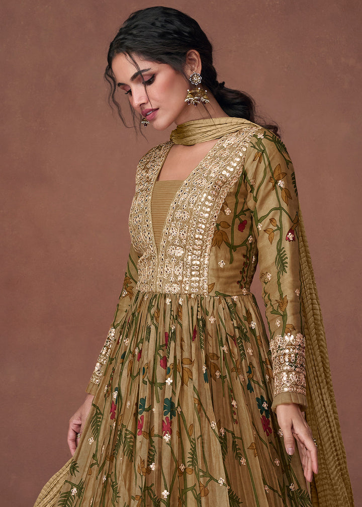 Army Green Floral Printed Organza Silk Anarkali Suit with Embroidery work