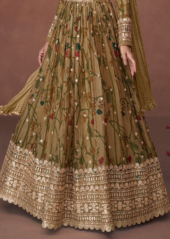 Army Green Floral Printed Organza Silk Anarkali Suit with Embroidery work