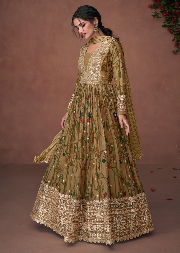 Army Green Floral Printed Organza Silk Anarkali Suit with Embroidery work