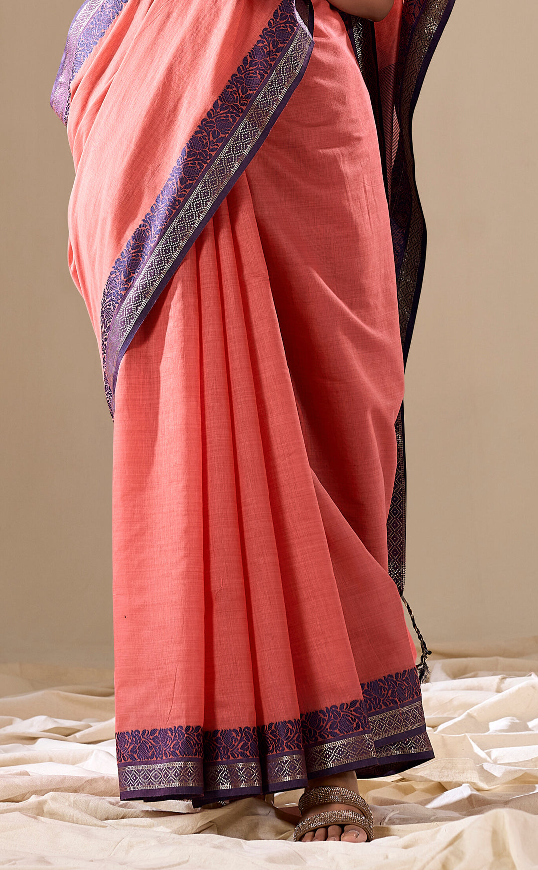 PEACH COLOR SILK HANDLOOM COTTON SAREE