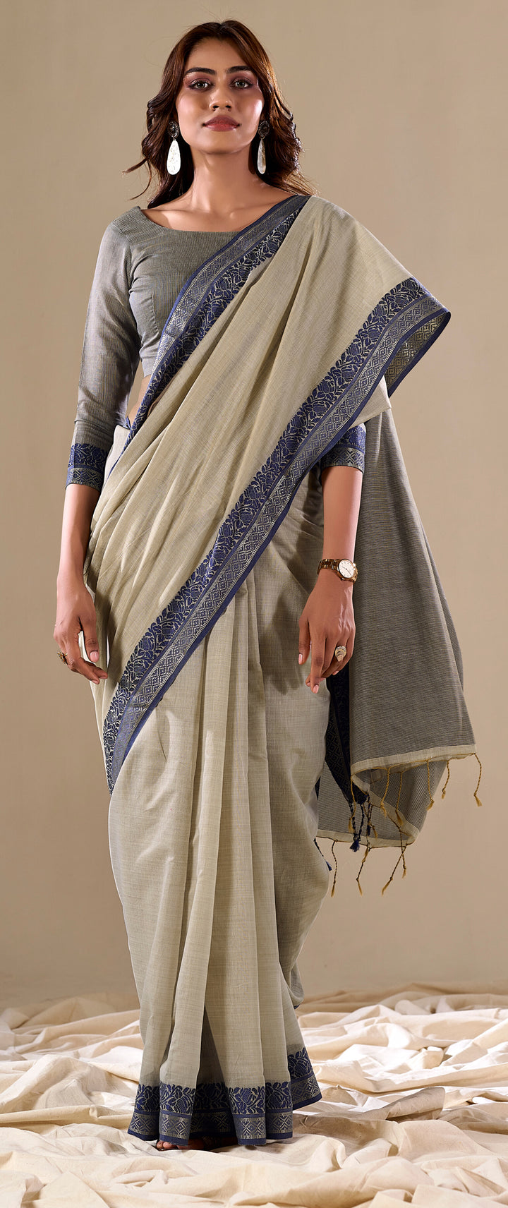 DARK GREY COLOR SILK HANDLOOM COTTON SAREE