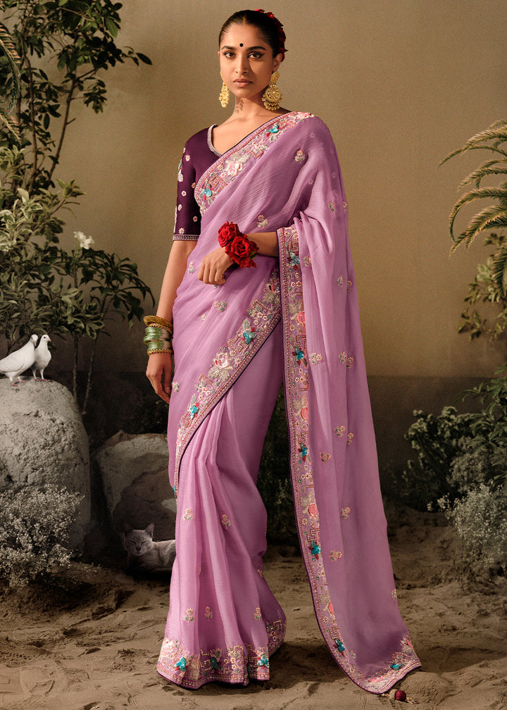 Lavender Purple Dola Silk Saree with Hand Embroidery work