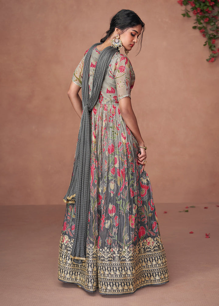 Shades Of Grey Floral Printed Organza Silk Anarkali Suit with Embroidery work By Qivii