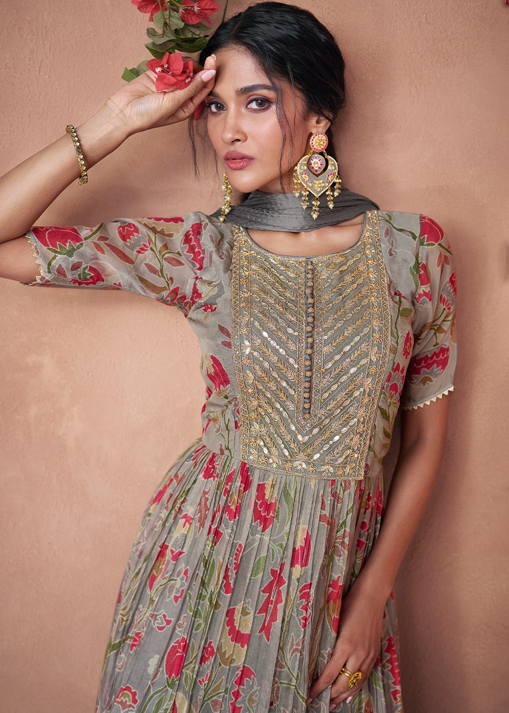 Shades Of Grey Floral Printed Organza Silk Anarkali Suit with Embroidery work By Qivii