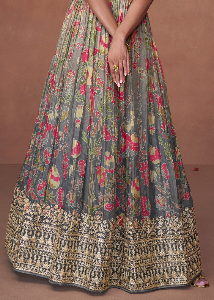 Shades Of Grey Floral Printed Organza Silk Anarkali Suit with Embroidery work