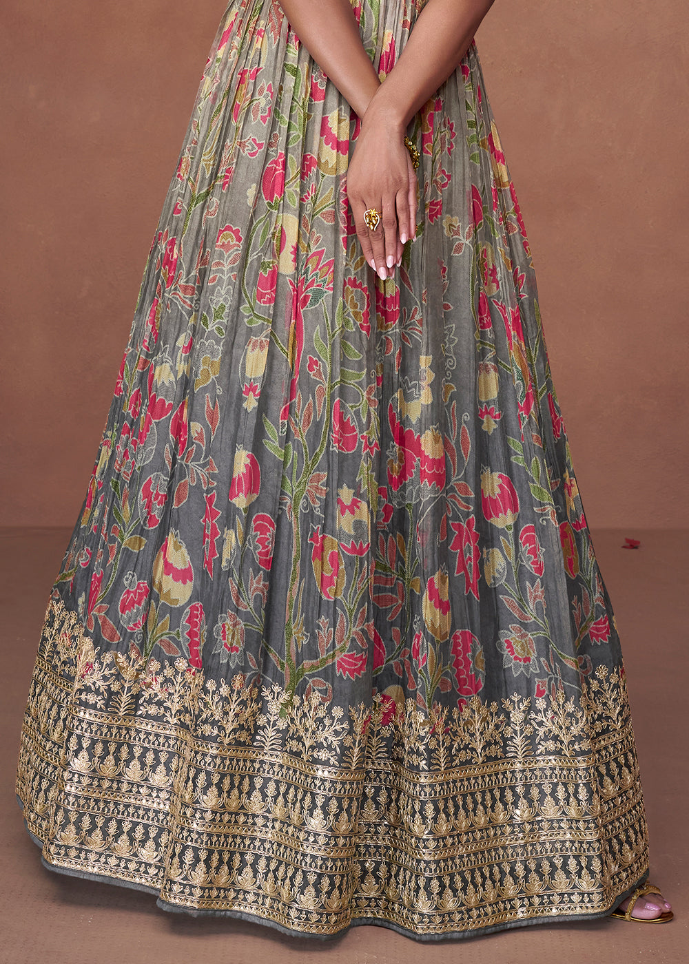 Shades Of Grey Floral Printed Organza Silk Anarkali Suit with Embroidery work By Qivii