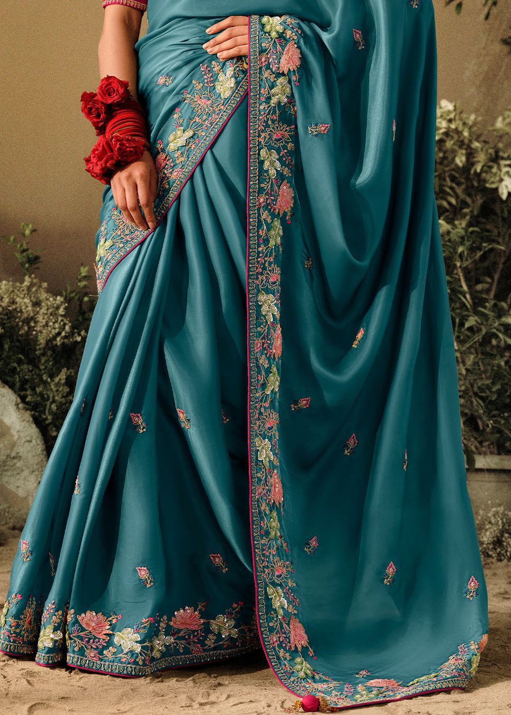 Dark Olympic Blue Dola Silk Saree with Hand Embroidery work