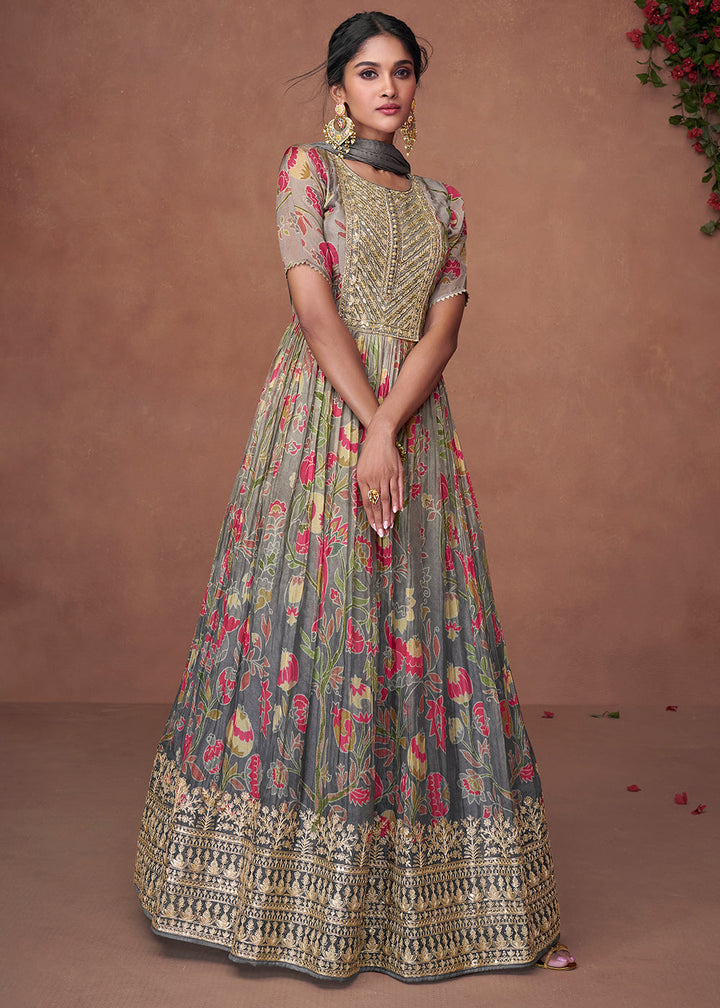 Shades Of Grey Floral Printed Organza Silk Anarkali Suit with Embroidery work By Qivii