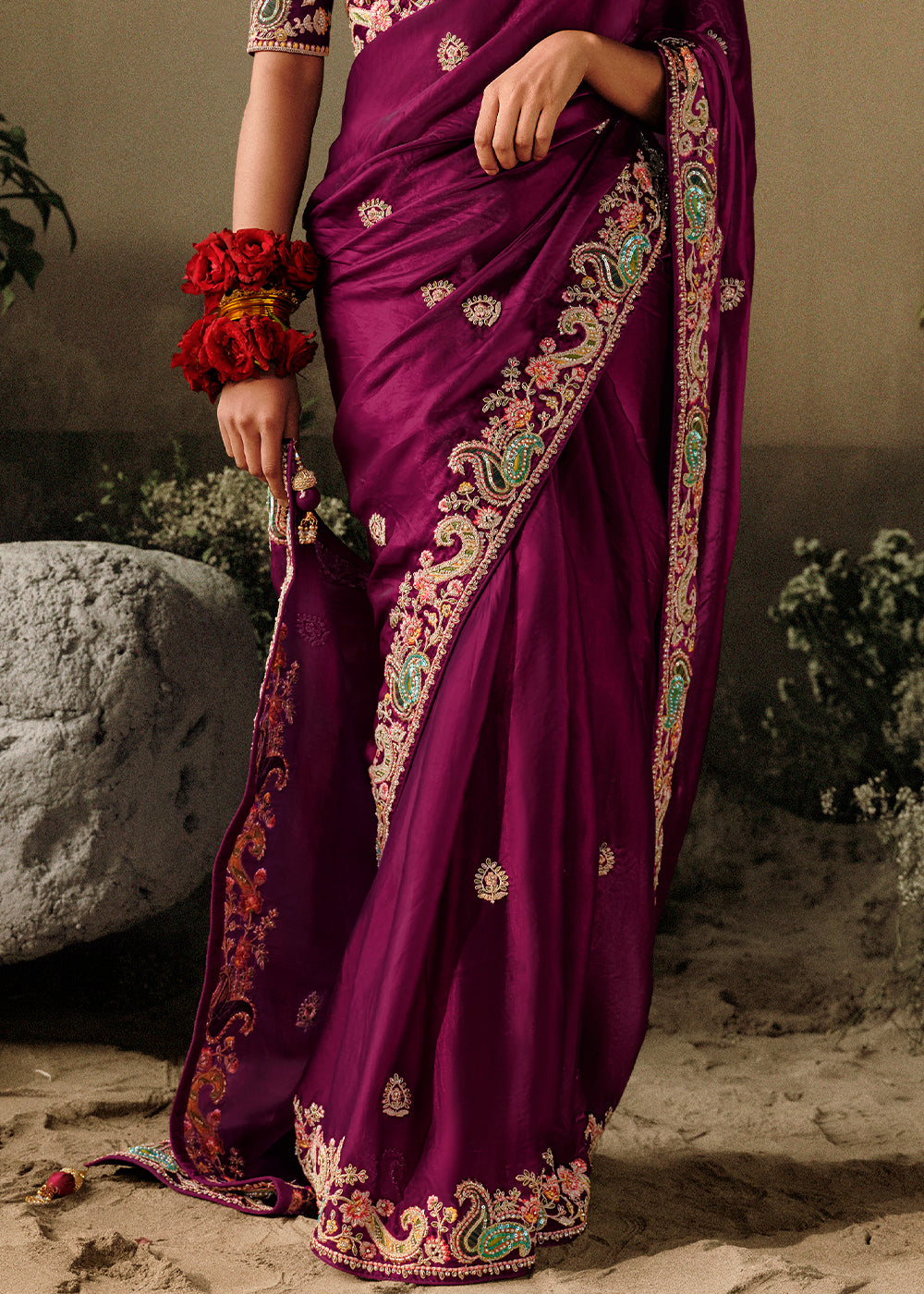 Mardi Gras Purple Dola Silk Saree with Hand Embroidery work