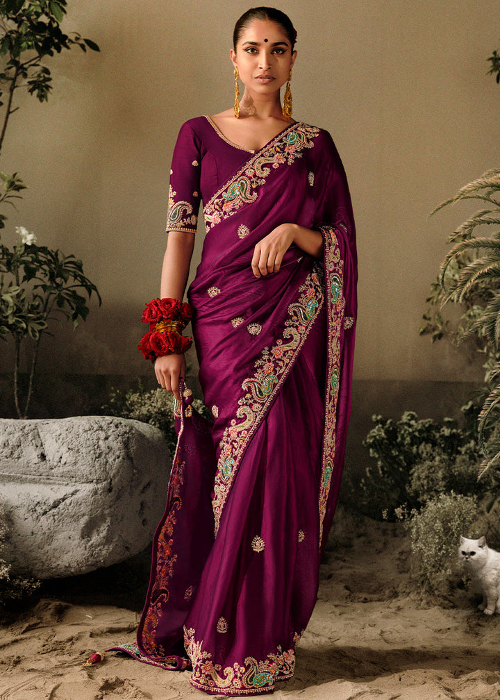 Mardi Gras Purple Dola Silk Saree with Hand Embroidery work