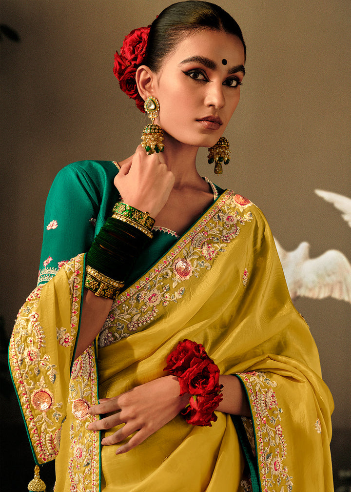 Dandelion Yellow Dola Silk Saree with Hand Embroidery work