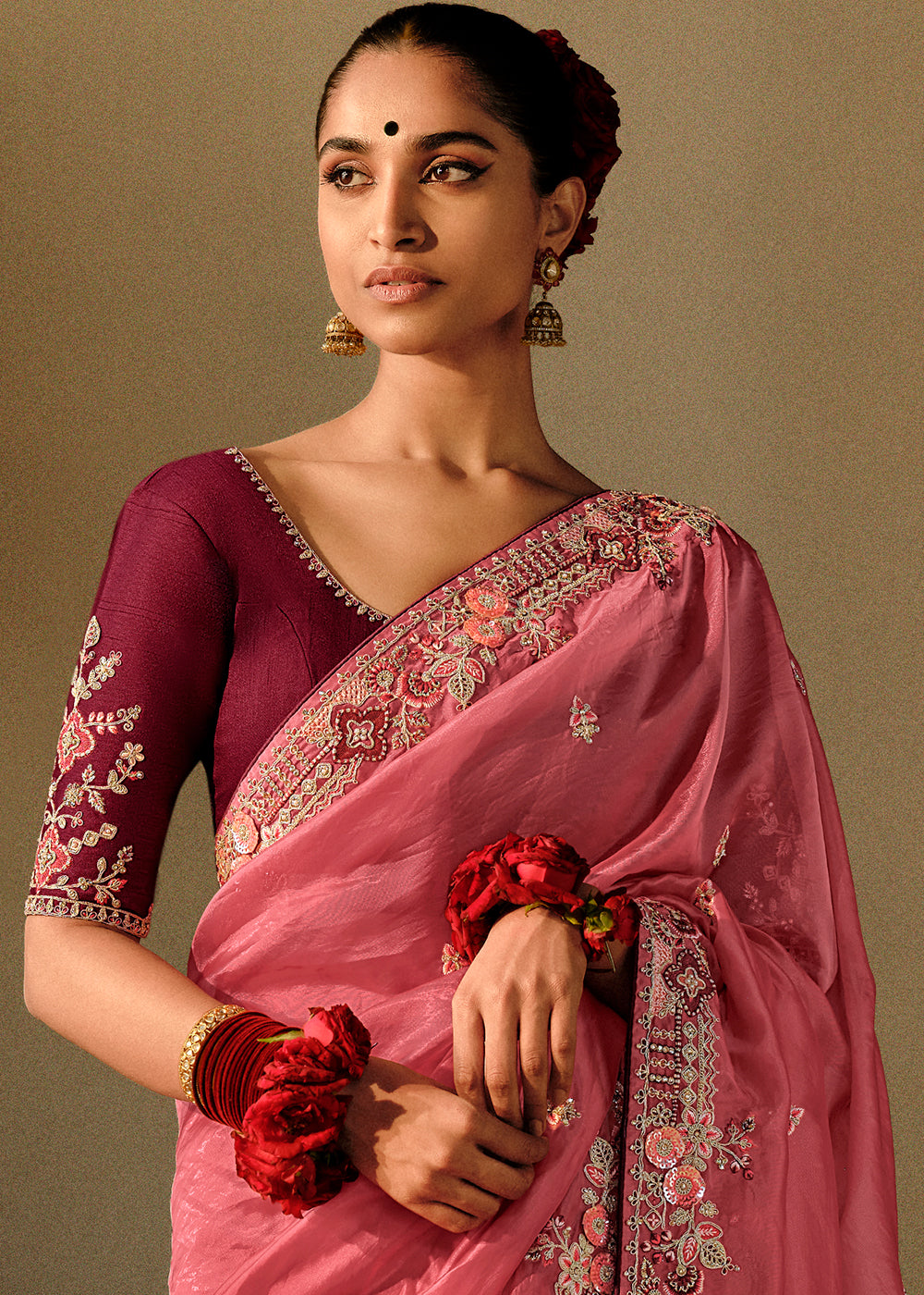 Brink Pink Dola Silk Saree with Hand Embroidery work