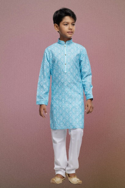 Boy's Sky Blue Cotton Thread Work Kurta Set