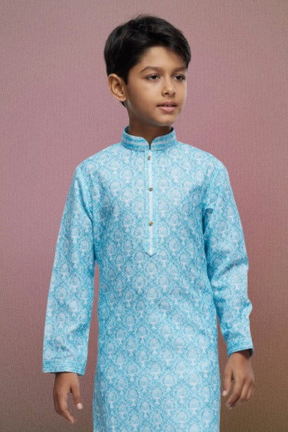 Boy's Sky Blue Cotton Thread Work Kurta Set