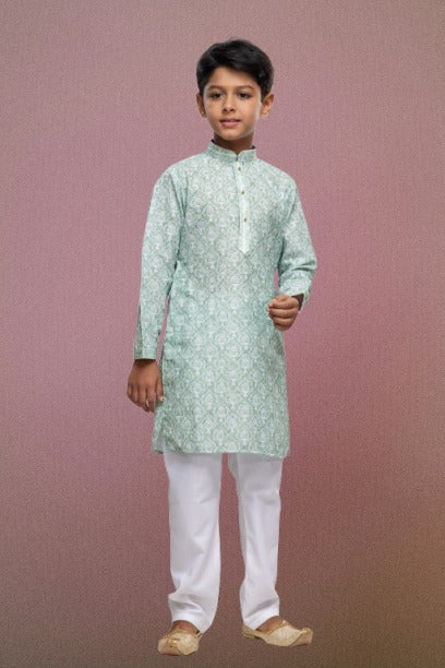 Boy's Light Green Cotton Thread Work Kurta Set