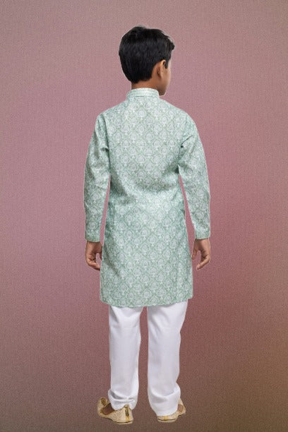 Boy's Light Green Cotton Thread Work Kurta Set