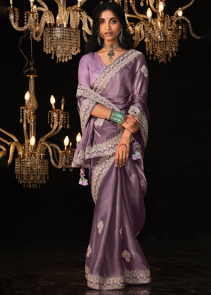 Orchid Purple Satin Silk Saree Embellished with Stone,Sequin,Embroidery & Zarkan work