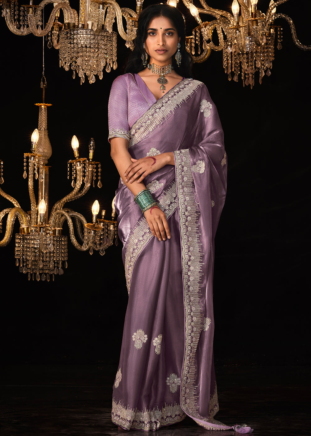 Orchid Purple Satin Silk Saree Embellished with Stone,Sequin,Embroidery & Zarkan work - qivii