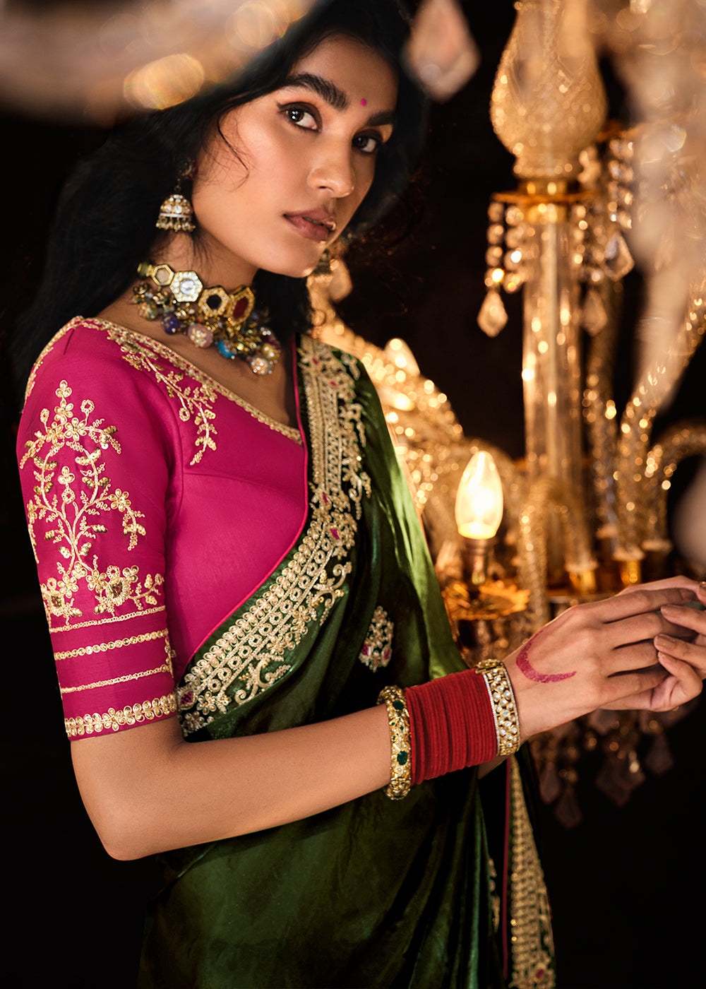 Dark Green Satin Silk Saree Embellished with Stone,Sequin,Embroidery & Zarkan work - qivii