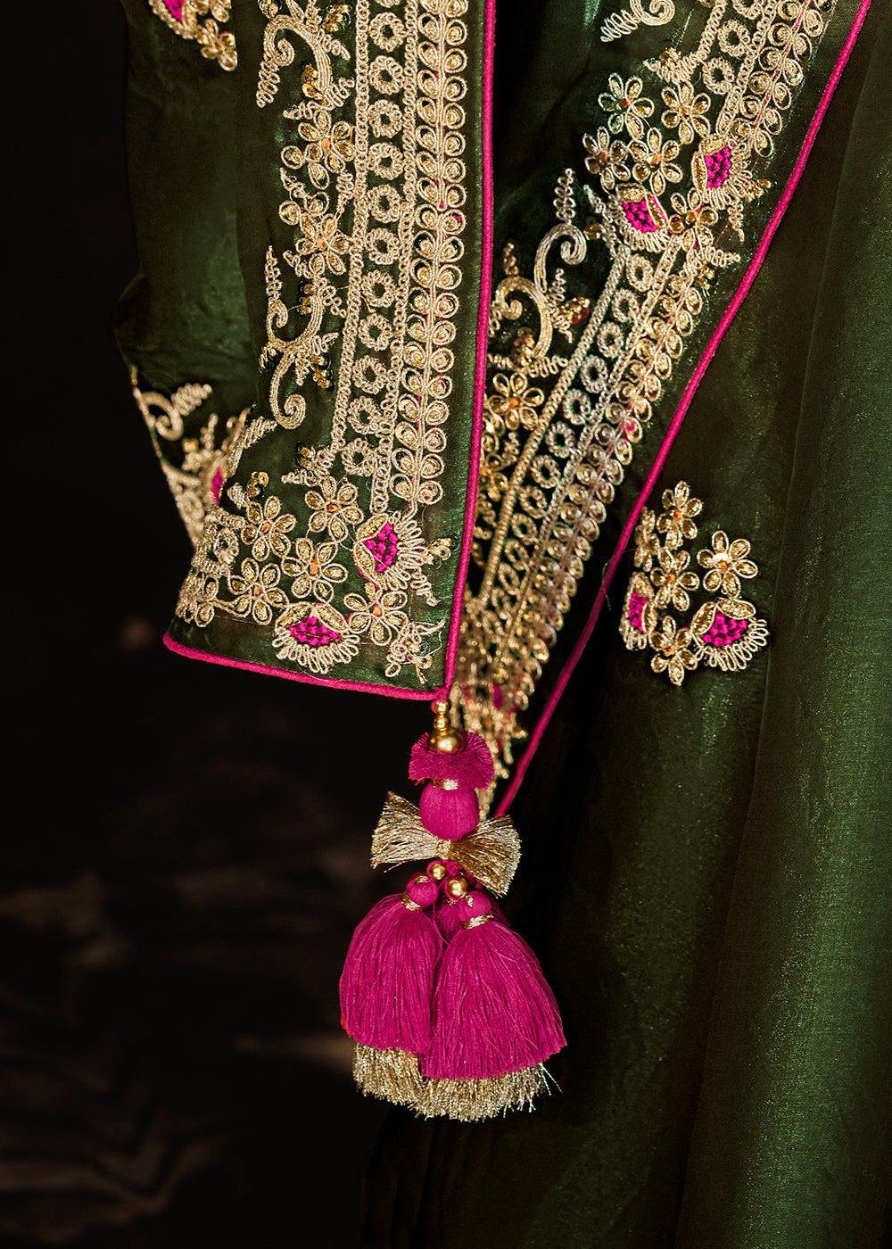 Dark Green Satin Silk Saree Embellished with Stone,Sequin,Embroidery & Zarkan work - qivii