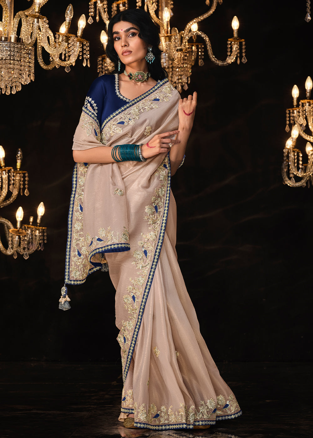 Light Greyish Brown Satin Silk Saree Embellished with Stone,Sequin,Embroidery & Zarkan work - qivii