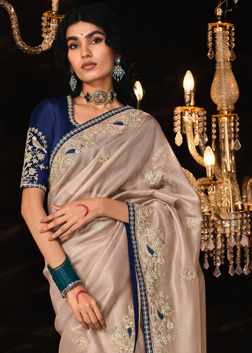 Light Greyish Brown Satin Silk Saree Embellished with Stone,Sequin,Embroidery & Zarkan work - qivii