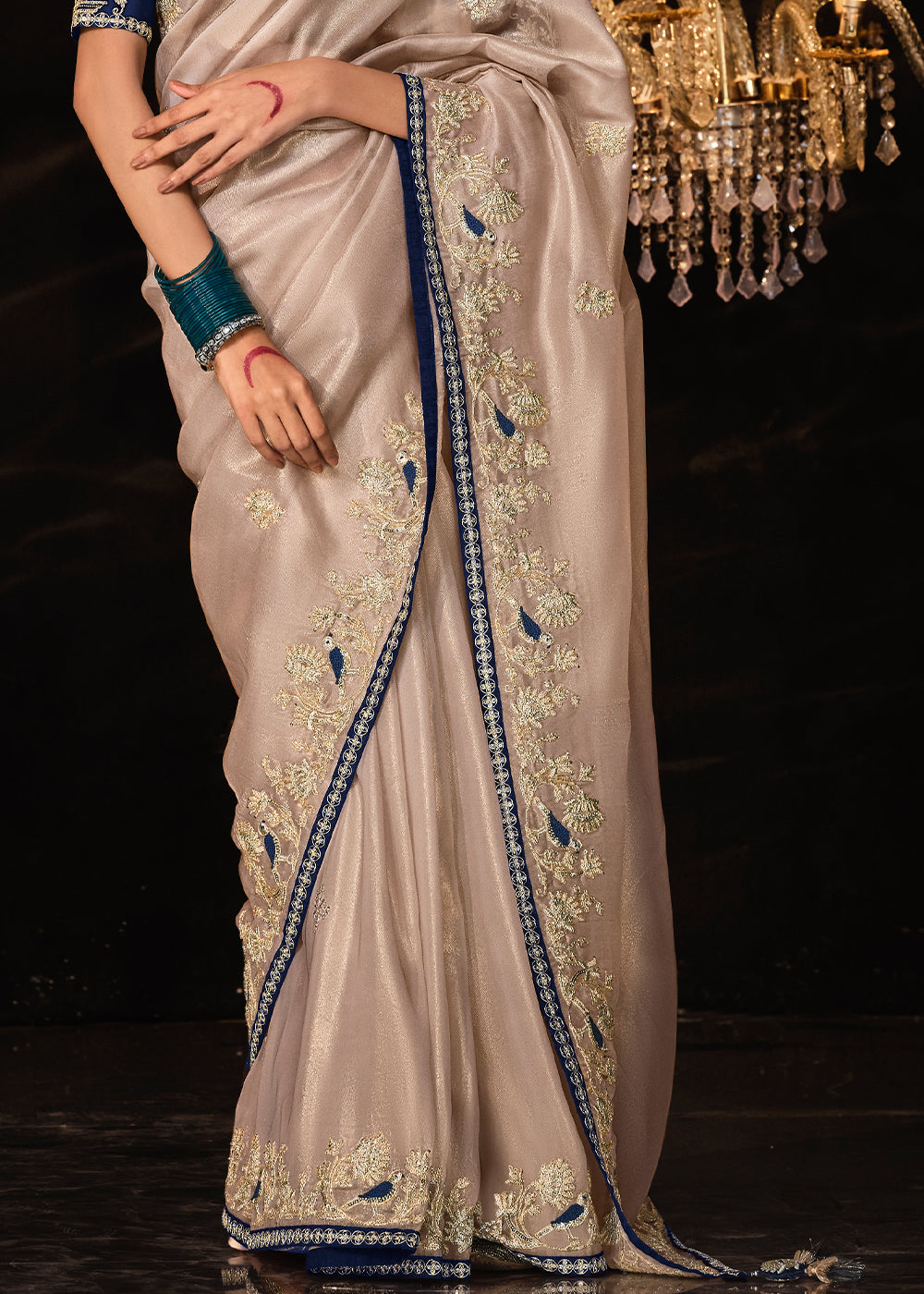Light Greyish Brown Satin Silk Saree Embellished with Stone,Sequin,Embroidery & Zarkan work - qivii