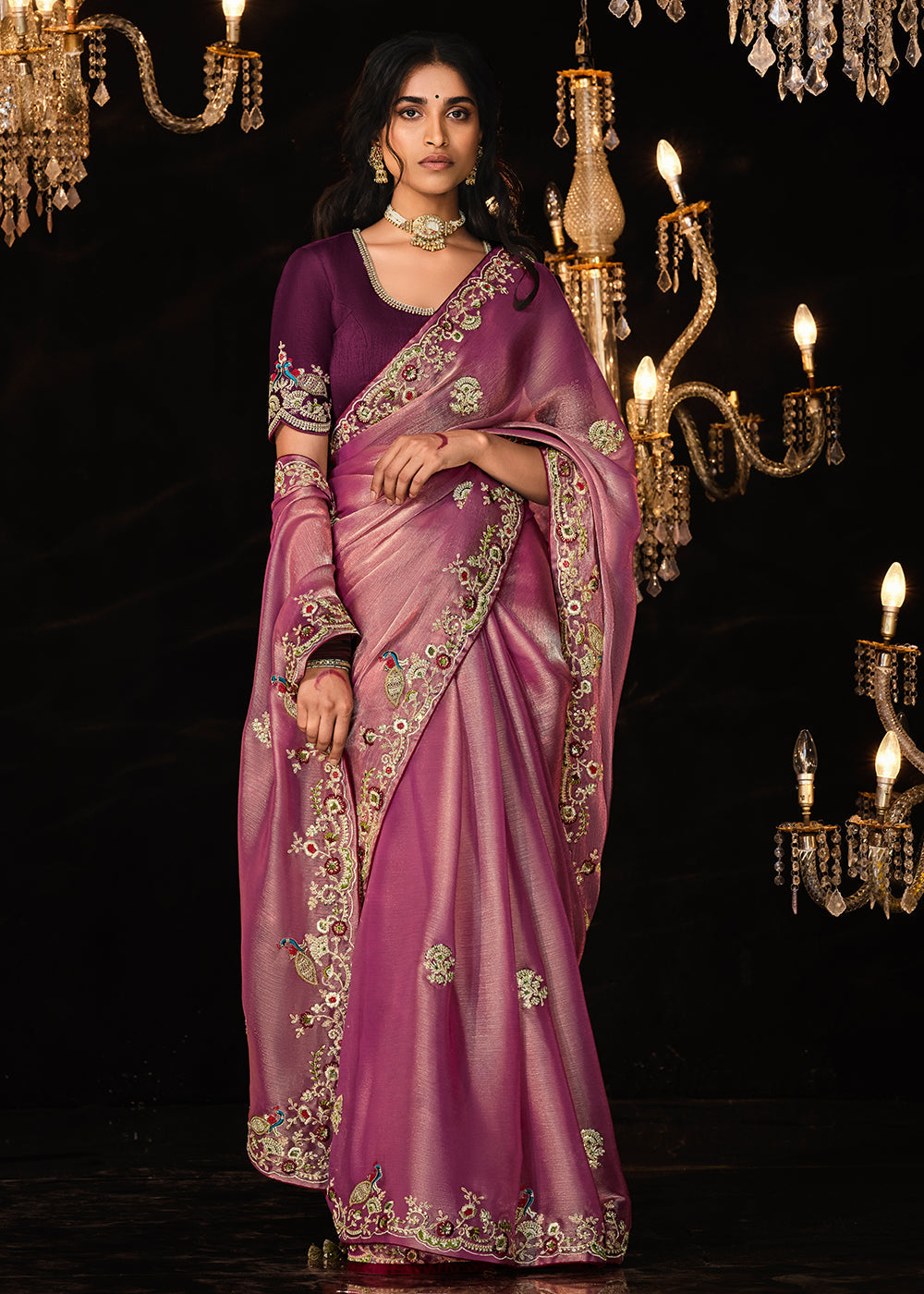 Pinkish Purple Satin Silk Saree Embellished with Stone,Sequin,Embroidery & Zarkan work - qivii