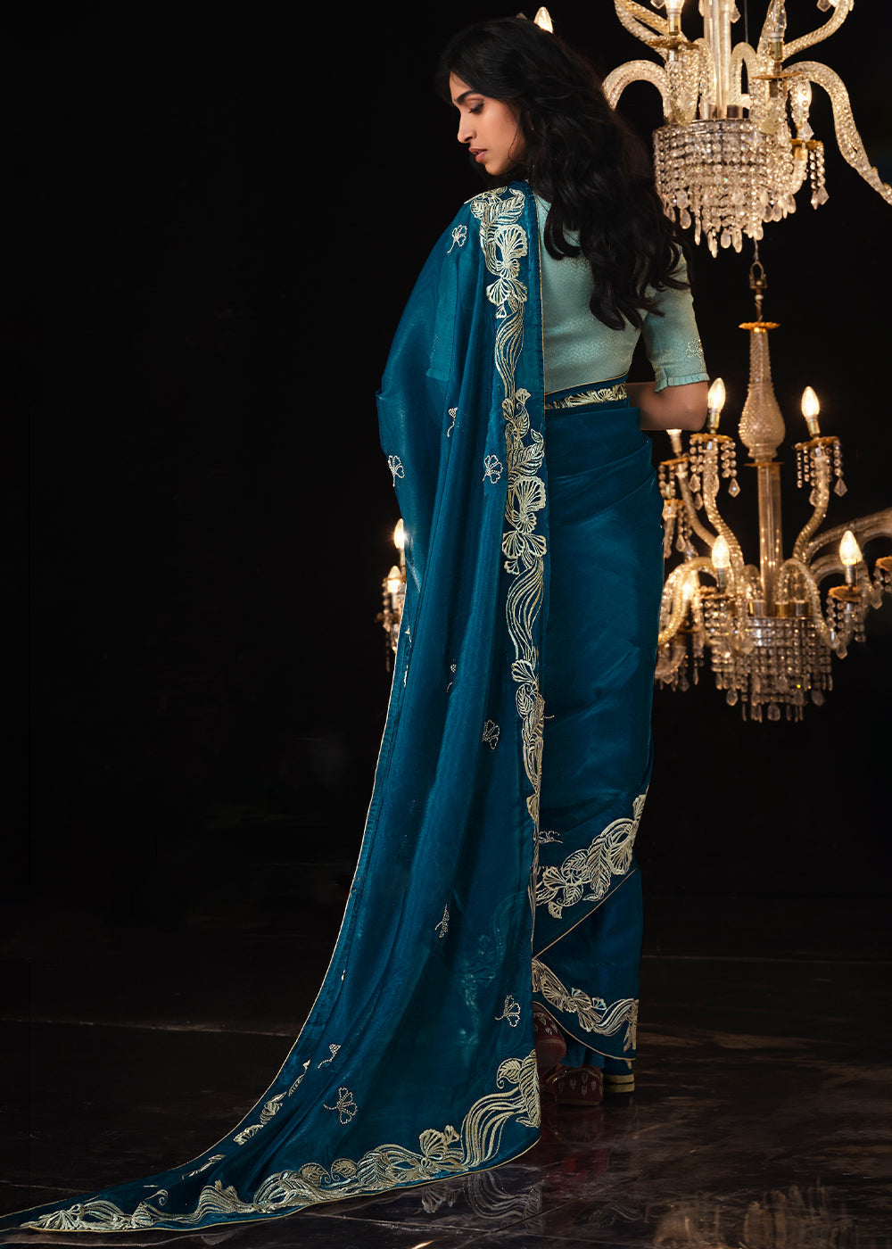 Prussian Blue Satin Silk Saree Embellished with Stone,Sequin,Embroidery & Zarkan work - qivii