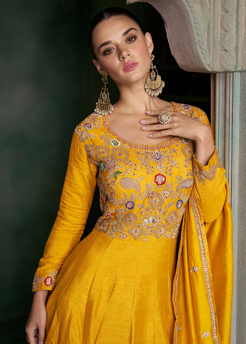 Saffron Yellow Silk Anarkali Suit with Floral Embroidery work