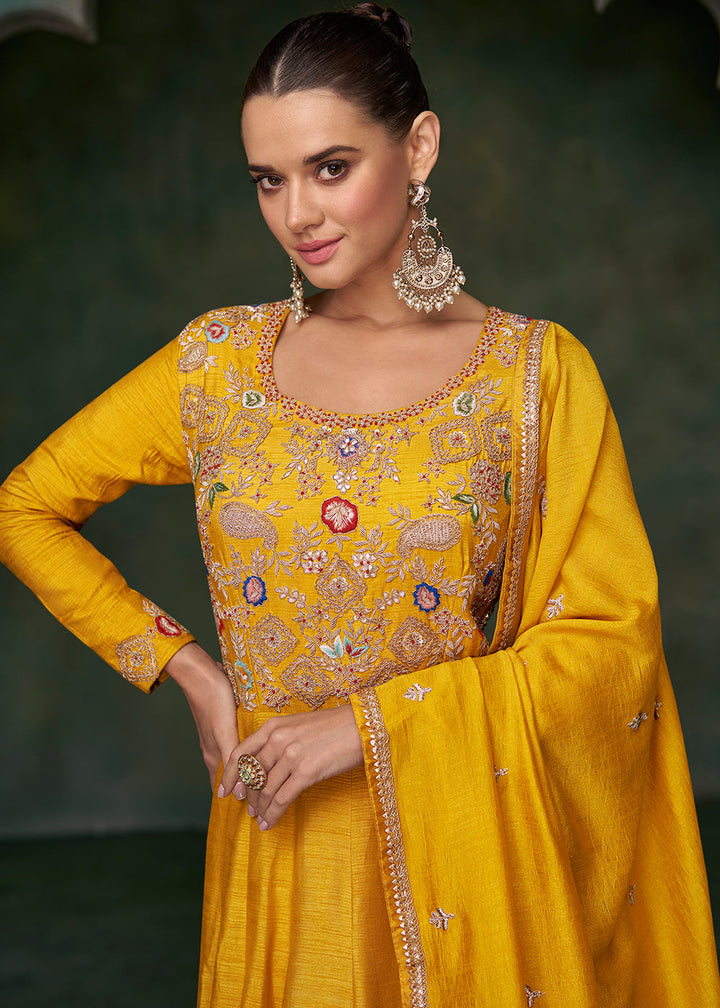 Saffron Yellow Silk Anarkali Suit with Floral Embroidery work