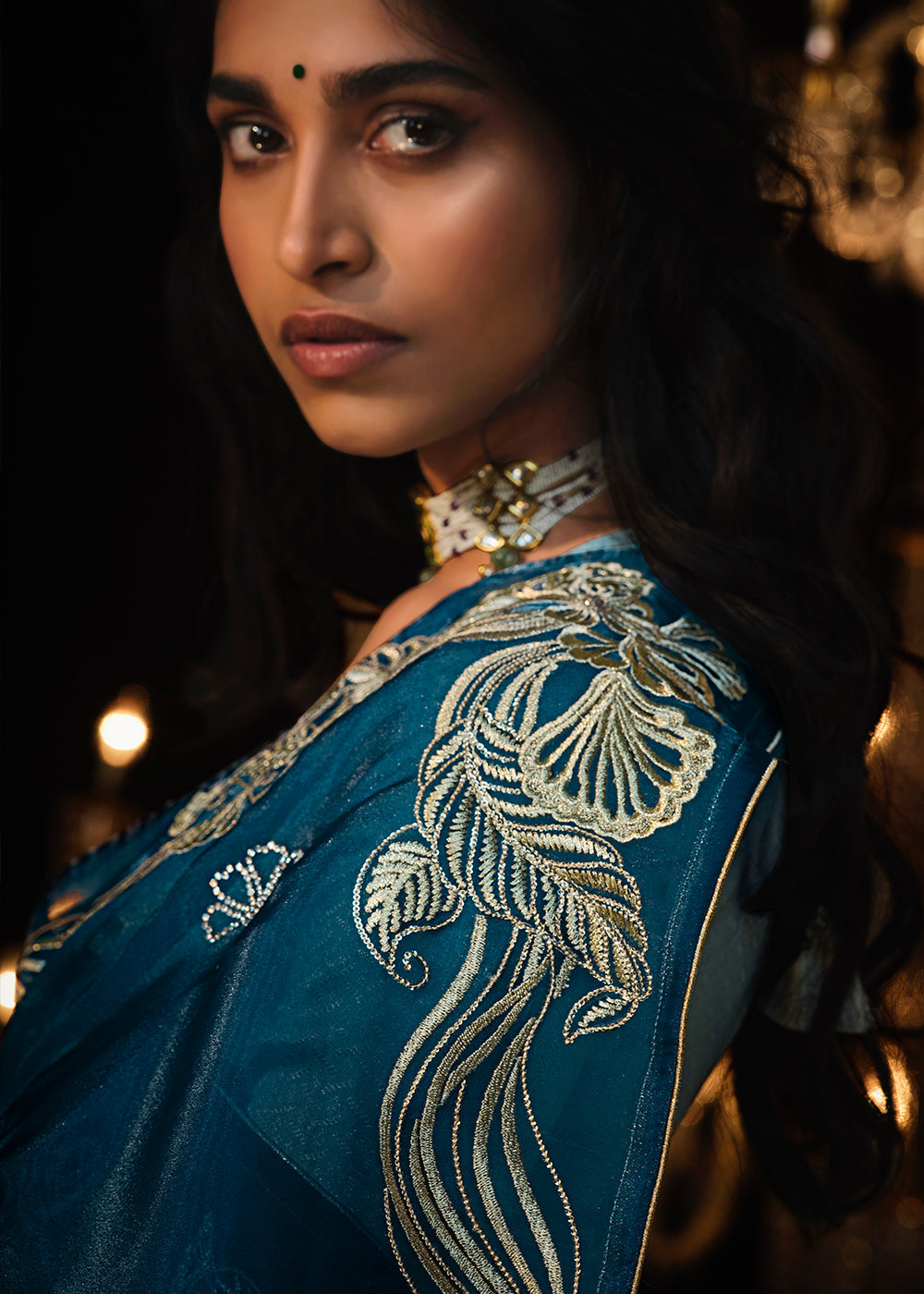 Prussian Blue Satin Silk Saree Embellished with Stone,Sequin,Embroidery & Zarkan work - qivii