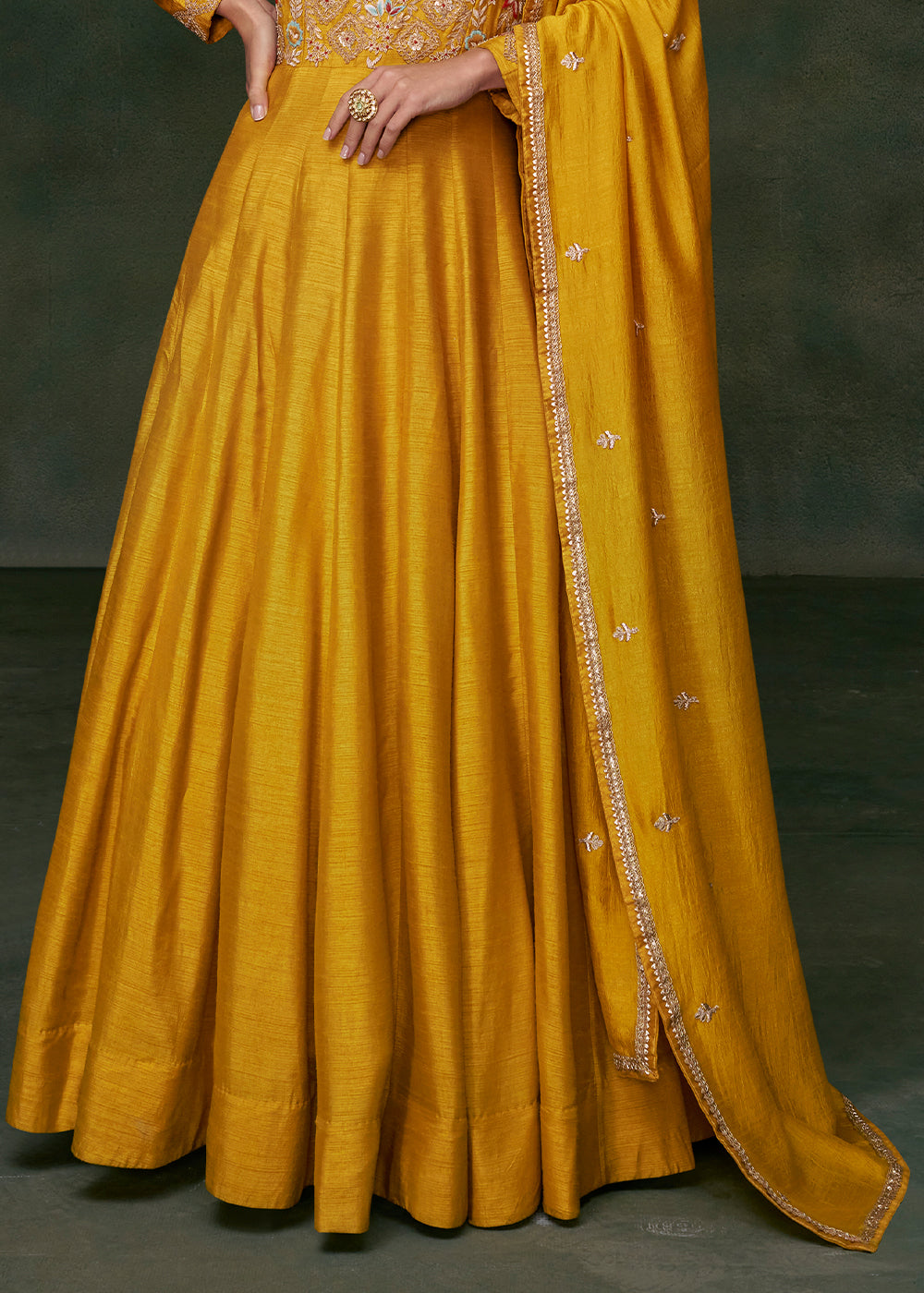 Saffron Yellow Silk Anarkali Suit with Floral Embroidery work