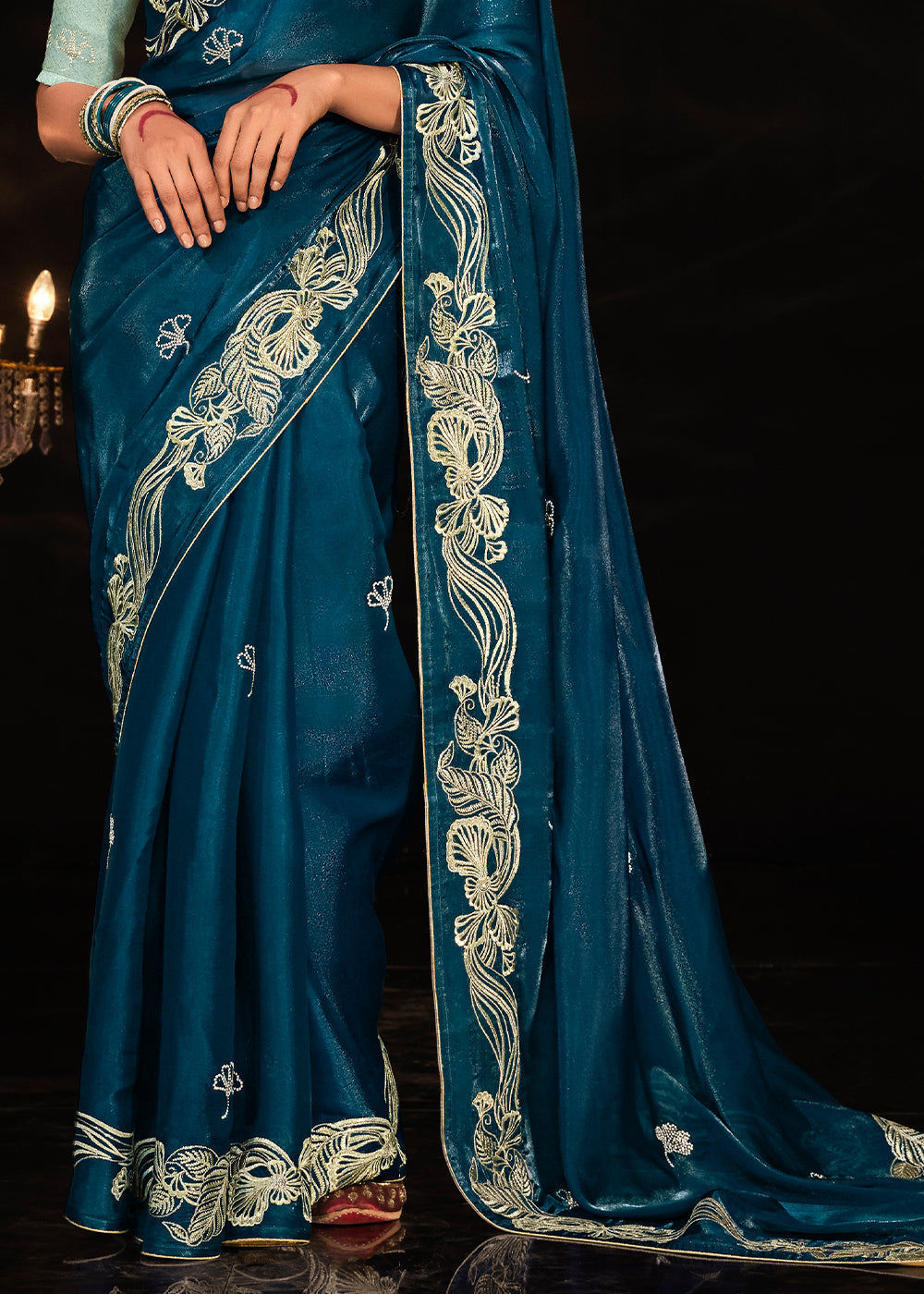 Prussian Blue Satin Silk Saree Embellished with Stone,Sequin,Embroidery & Zarkan work - qivii