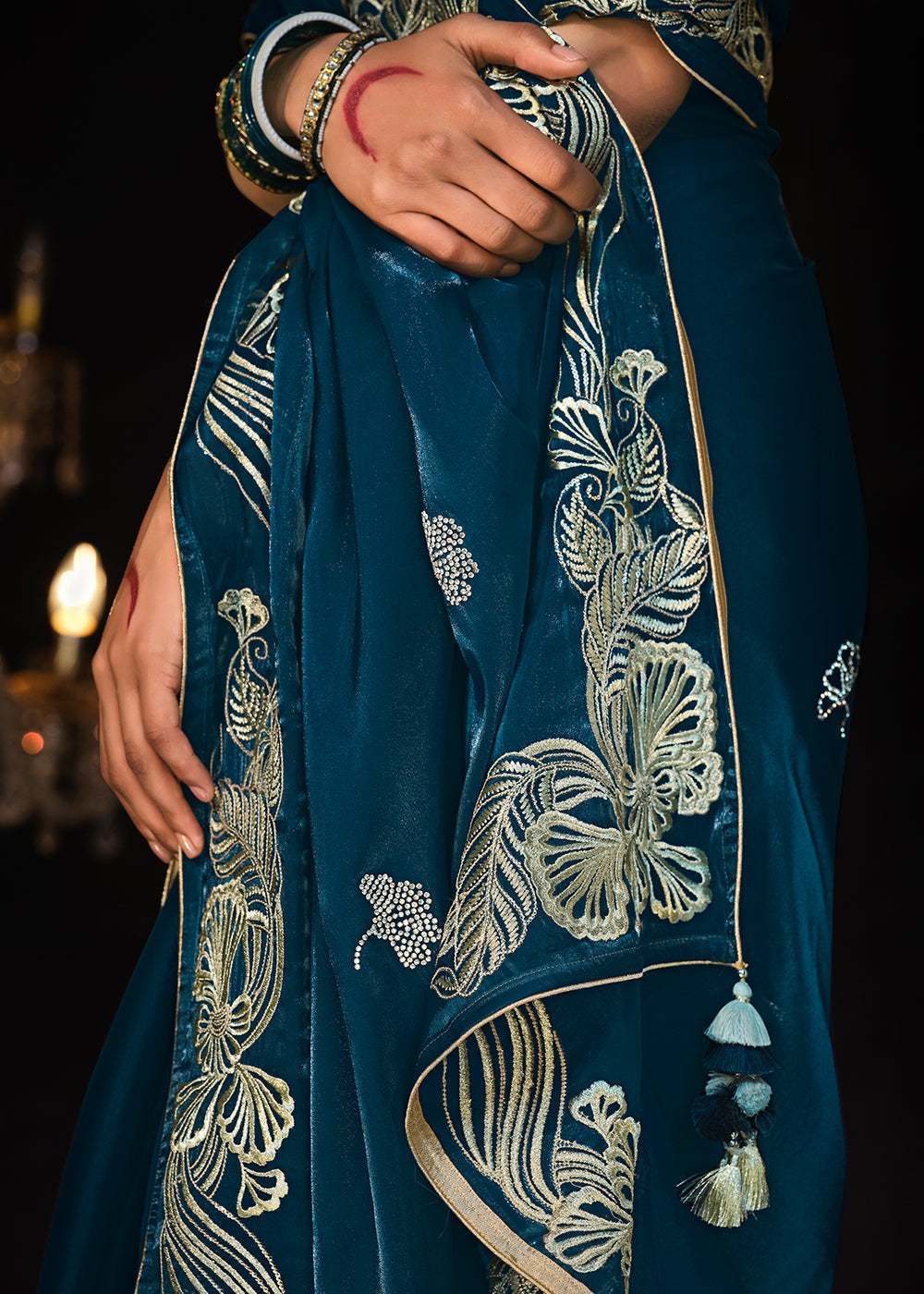 Prussian Blue Satin Silk Saree Embellished with Stone,Sequin,Embroidery & Zarkan work - qivii