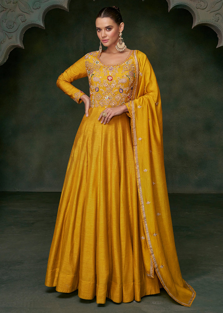 Saffron Yellow Silk Anarkali Suit with Floral Embroidery work