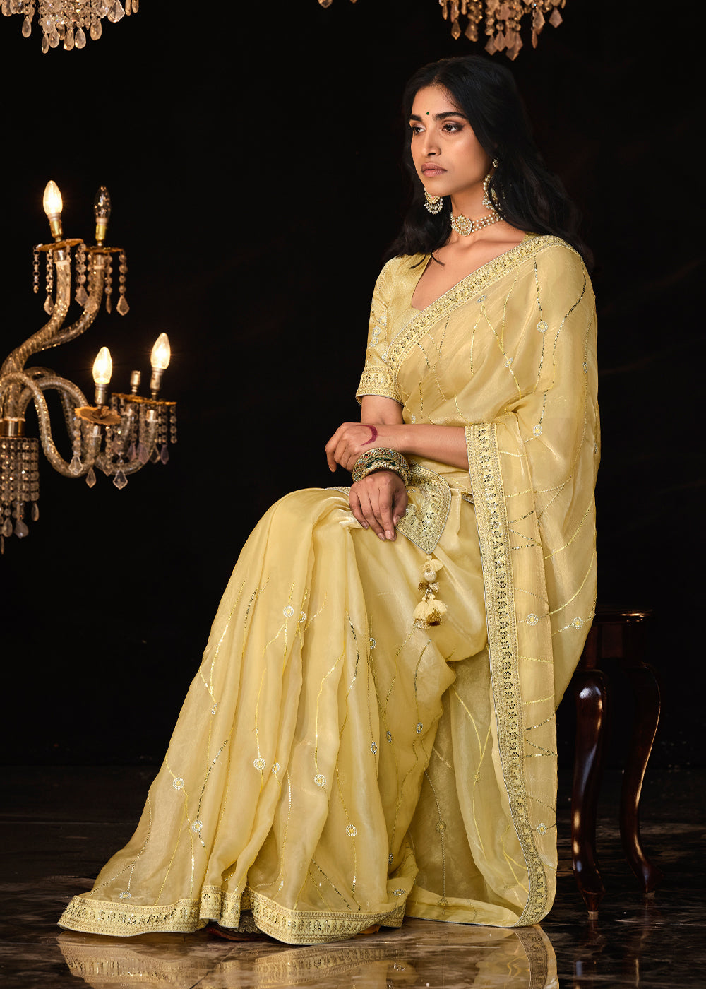 Light Corn Yellow Satin Silk Saree Embellished with Stone,Sequin,Embroidery & Zarkan work - qivii