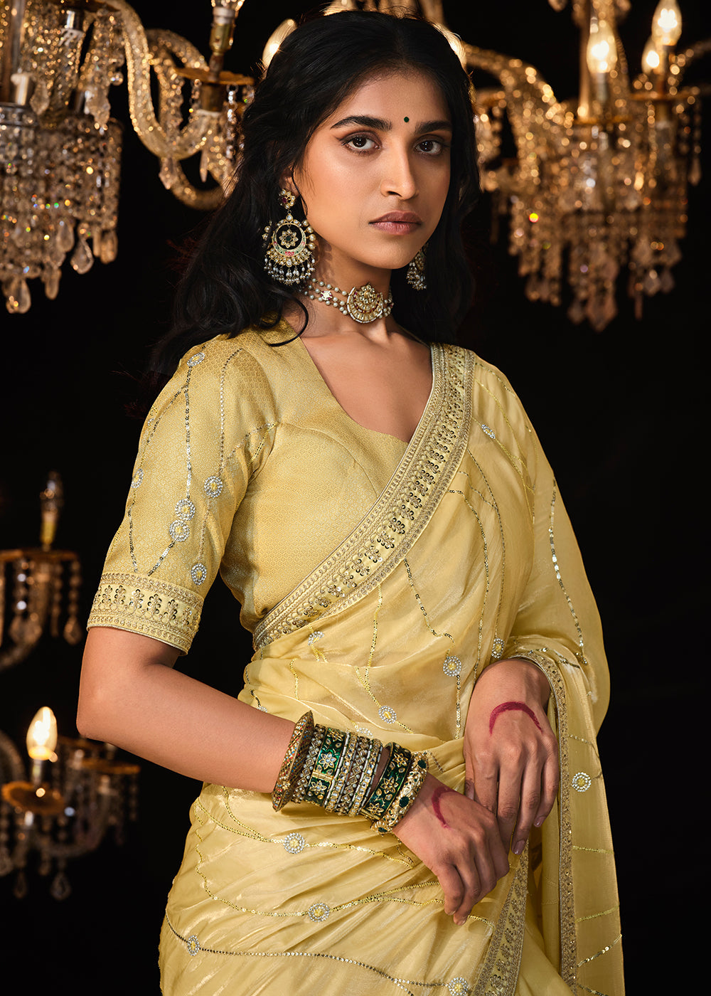 Light Corn Yellow Satin Silk Saree Embellished with Stone,Sequin,Embroidery & Zarkan work - qivii
