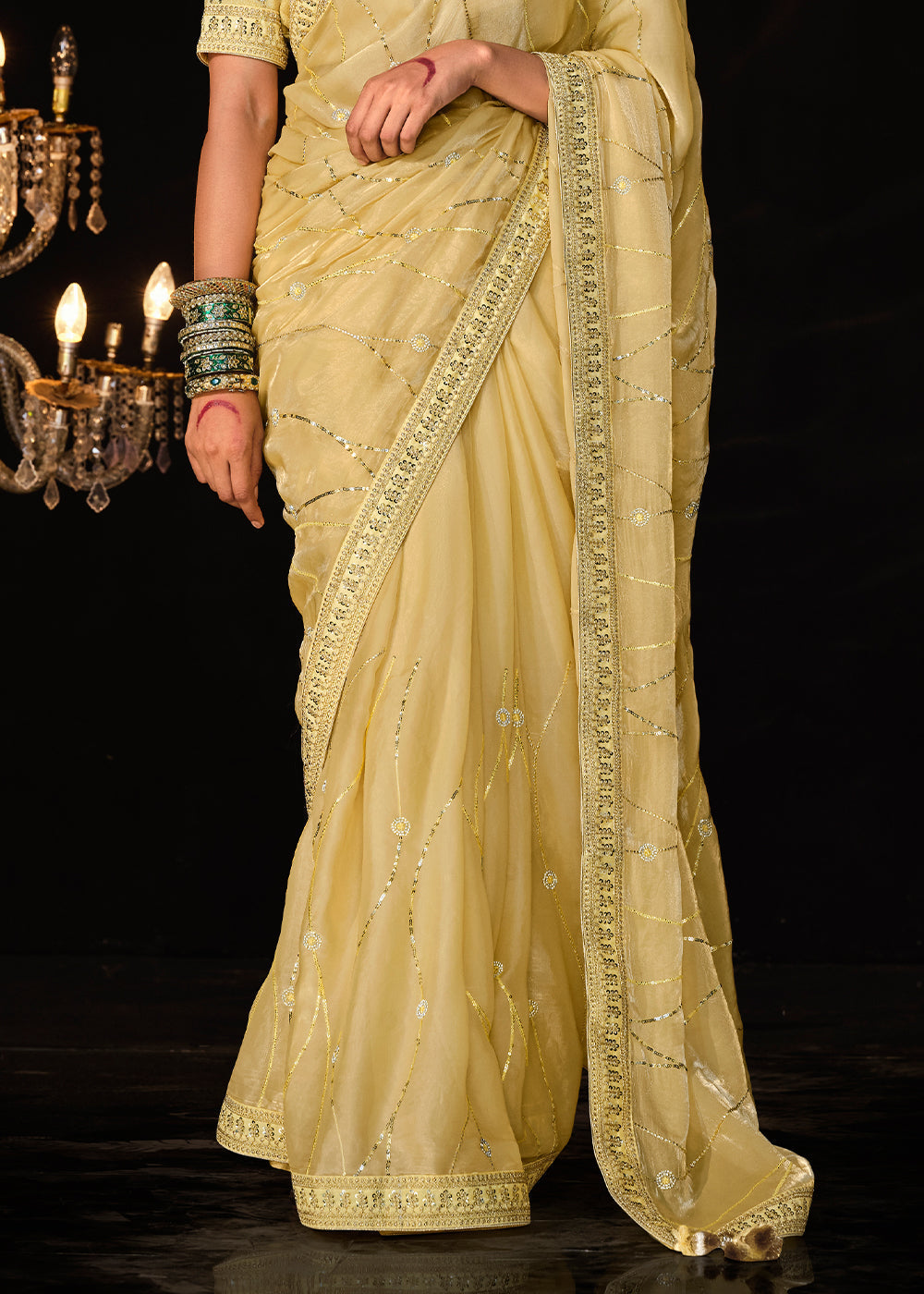 Light Corn Yellow Satin Silk Saree Embellished with Stone,Sequin,Embroidery & Zarkan work - qivii