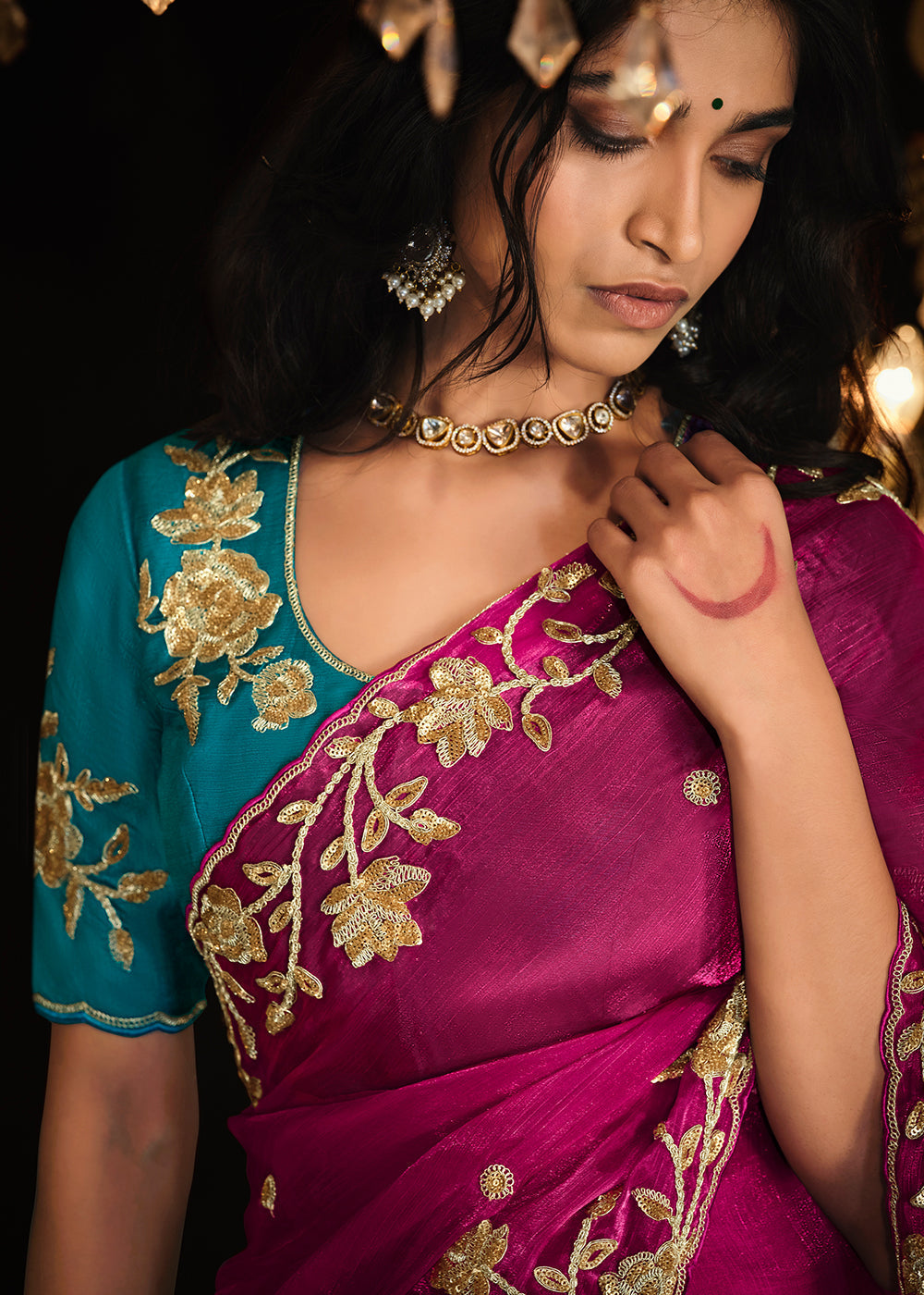 Magenta Pink Satin Silk Saree Embellished with Stone,Sequin,Embroidery & Zarkan work - qivii