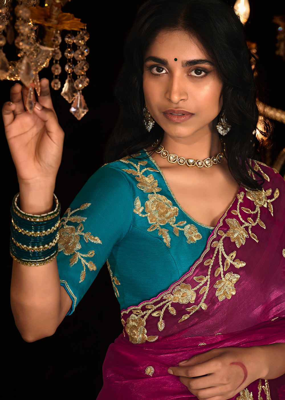 Magenta Pink Satin Silk Saree Embellished with Stone,Sequin,Embroidery & Zarkan work - qivii