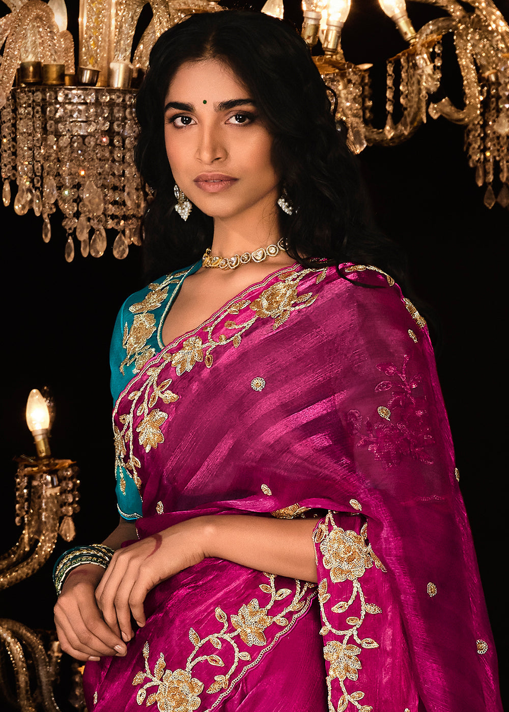 Magenta Pink Satin Silk Saree Embellished with Stone,Sequin,Embroidery & Zarkan work - qivii