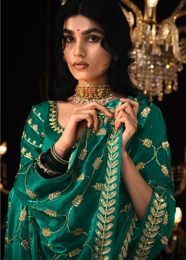 Teal Green Satin Silk Saree Embellished with Stone,Sequin,Embroidery & Zarkan work